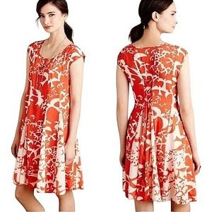 Maeve x Anthropologie Orange White Bird Print Cap Sleeve Dress Rayon Size Small